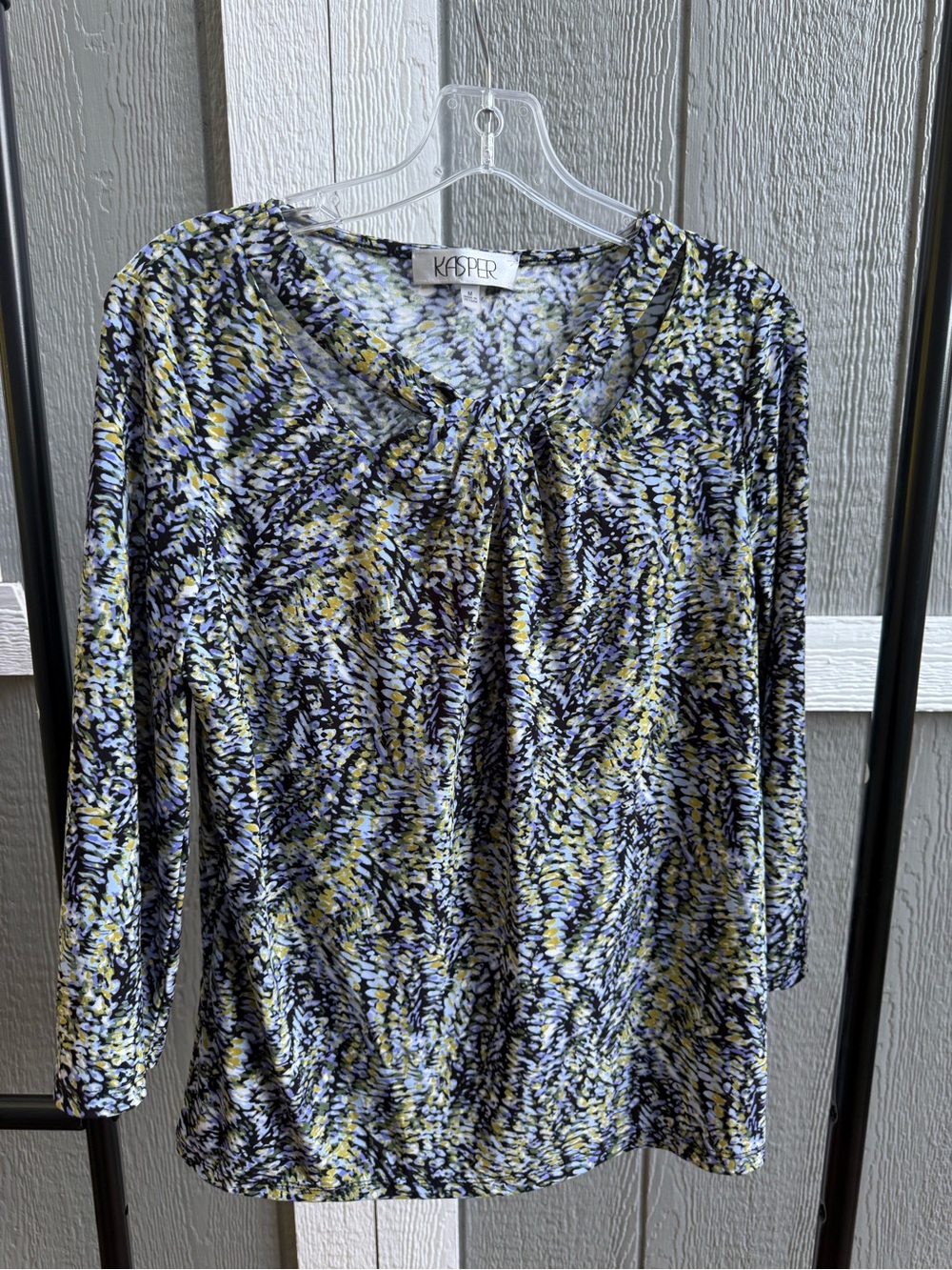 Kasper Multicolor V-Neck Long Sleeve Top in Blue and Yellow Print